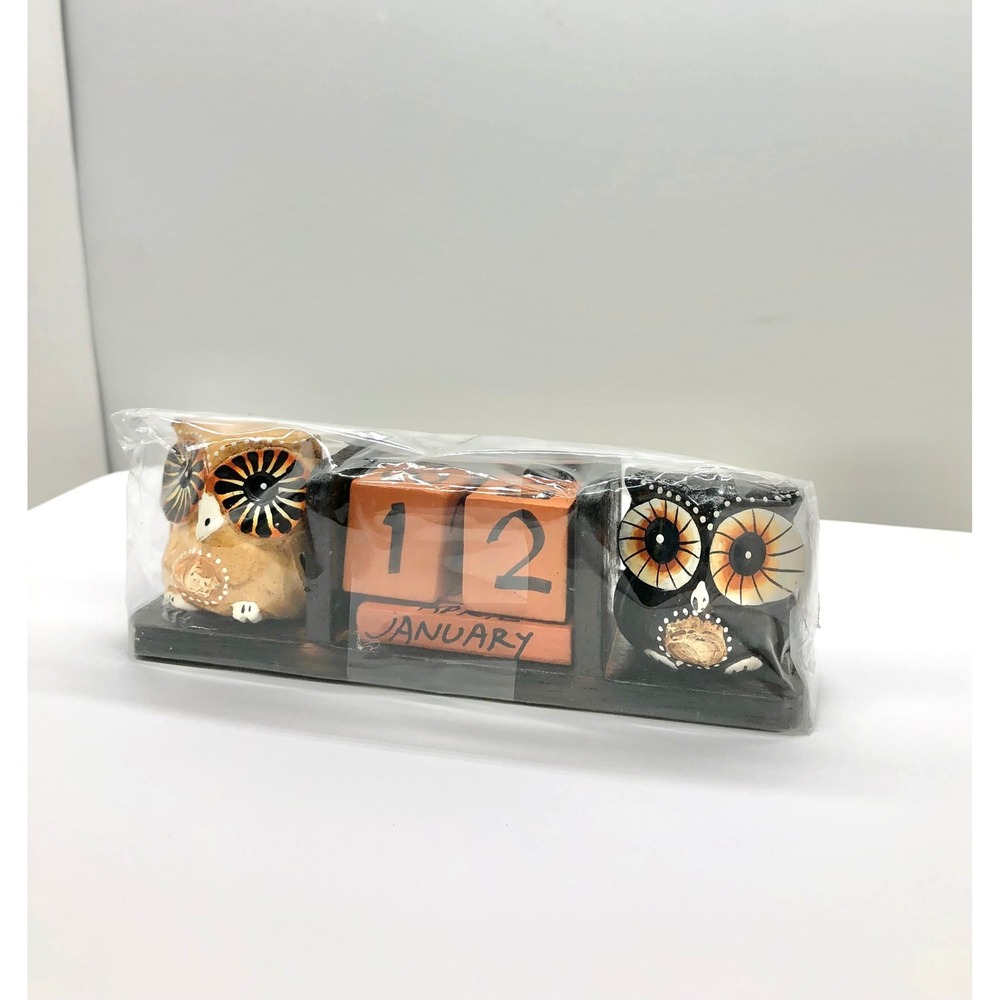 Wooden Owl Perpetual Calendar Hand Painted Rustic Desk Decor Orange Black NWT